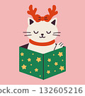 Festive White Cat Wearing Reindeer Ears in Present Box 132605216