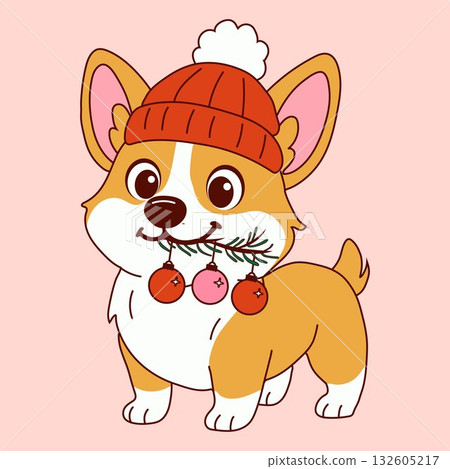 Cute Corgi Dog Wearing Hat with Christmas Ornaments Cute Corgi Dog Wearing Hat with Christmas Ornaments 132605217