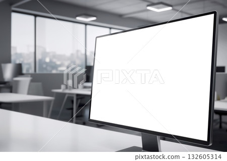 modern computer monitor with a white screen stands on a table in an office setting modern computer monitor with a white screen stands on a table in an office setting 132605314