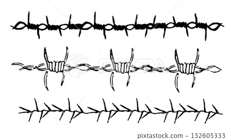 Thorn stem vine plant doodle with spikes simple border y2k creepy branch set. Barbed wire tattoo. Boundary divider,border 132605333