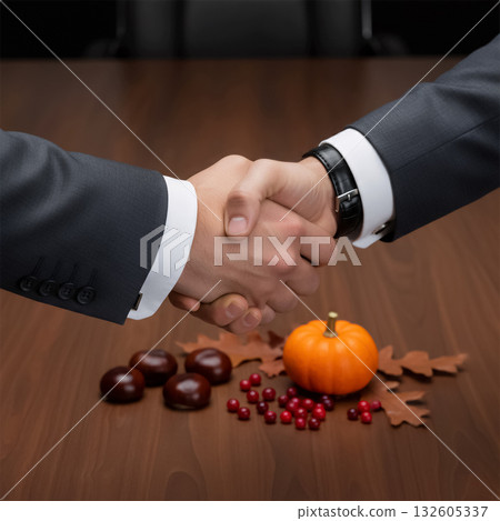 business handshake on a wooden table with autumn decor and pumpkin 132605337