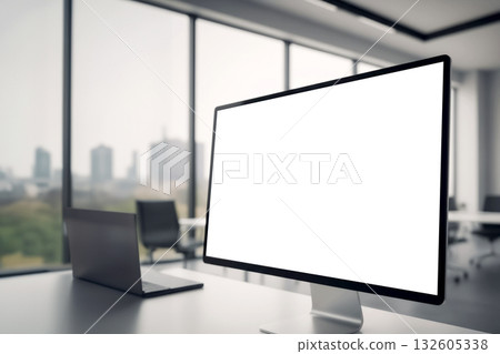 computer monitor with a blank white screen in a modern office interior 132605338