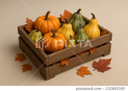 Assorted pumpkins and squash in a wooden crate with autumn leaves, perfect for fall harvest and thanksgiving decor. Assorted pumpkins and squash in a wooden crate with autumn leaves, perfect for fall harvest and thanksgiving decor. 132605395