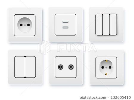 Realistic socket and switch. Interior wall outlets or electric connectors. Switches and sockets set Different square types. Vector Realistic socket and switch. Interior wall outlets or electric connectors. Switches and sockets set Different square types. Vector 132605410