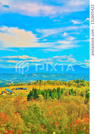 Autumn foliage at Yamamotoyama Plateau and Echigo Sanzan in Ojiya City, Niigata Prefecture Autumn foliage at Yamamotoyama Plateau and Echigo Sanzan in Ojiya City, Niigata Prefecture 132605422