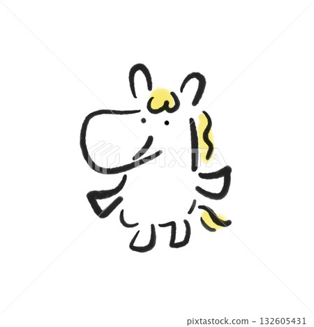可愛的微笑白馬水墨畫。新年素材。手繪。 可愛的微笑白馬水墨畫。新年素材。手繪。 132605431