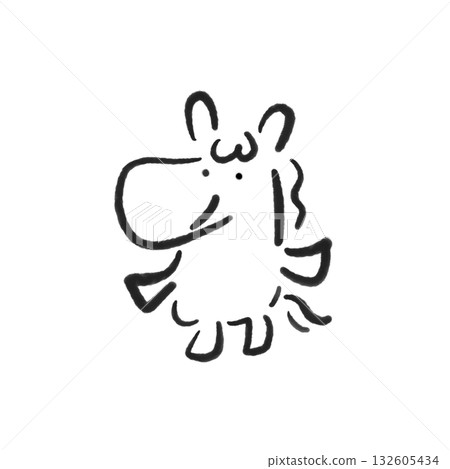 Cute smiling horse in ink painting. New Year's material. Hand-drawn. Monochrome. 132605434