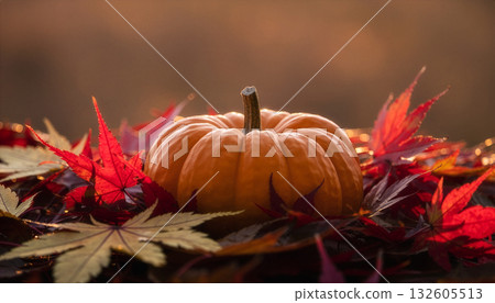 Atmospheric Close-Up of a Pumpkin Among Red Autumn Leaves Atmospheric Close-Up of a Pumpkin Among Red Autumn Leaves 132605513