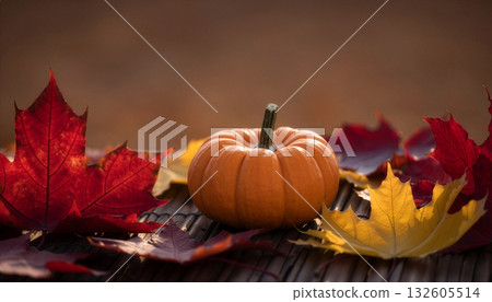 Atmospheric Close-Up of a Pumpkin Among Red Autumn Leaves 132605514