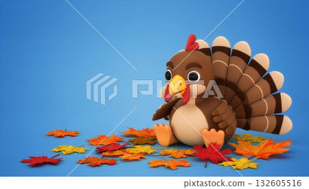 Cute 3D Turkey Character with Autumn Leaves on a Blue Background Cute 3D Turkey Character with Autumn Leaves on a Blue Background 132605516