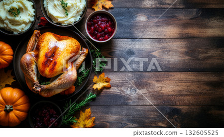 Top-Down View of a Traditional Thanksgiving Dinner Table with Roasted Turkey 132605525