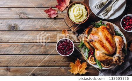 Top-Down View of a Traditional Thanksgiving Dinner Table with Roasted Turkey 132605526