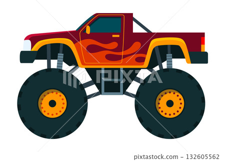 Monster truck. Bright colorful cartoon auto with big wheels. Heavy car with large tires and black tinted windows. Isolated rally 4x4 computer or mobile game 132605562