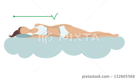 Correct sleeping body posture. Healthy sleeping position spine on orthopedic mattress and pillow. Caring for health of back, neck. Vector illustration Correct sleeping body posture. Healthy sleeping position spine on orthopedic mattress and pillow. Caring for health of back, neck. Vector illustration 132605568