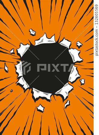 Comic book hole. Vector paper is torn through boom explosion. Circle hole in the middle on color background. Comic style cover template or flyer wallpapers Comic book hole. Vector paper is torn through boom explosion. Circle hole in the middle on color background. Comic style cover template or flyer wallpapers 132605569