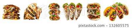 Set of 3 Mexican origin dish tortilla, Quesadillas, tacos and burritos, stack pile group, isolated transparent cutout PNG. Mockup for design artwork 132605575