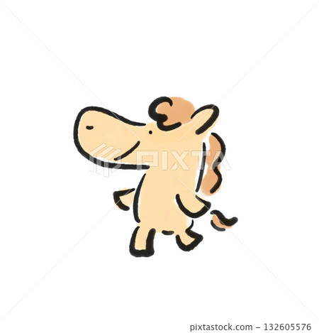 Smiling and leisurely walking horse character. New Year's material. Hand-drawn. Sumi-e. 132605576