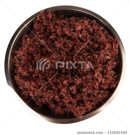 Black sticky rice is in the stainless steel bowl on white background Black sticky rice is in the stainless steel bowl on white background 132605589