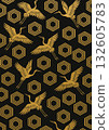 Pattern image of tortoise shell and crane motifs in gold on a black background 132605783