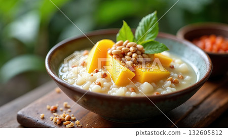 Comforting bowl of healthy mango porridge dessert sweet breakfast food with fresh nut and basil on rustic table 132605812