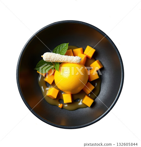 Refreshing gourmet mango sorbet, yellow sweet fruit dessert with mint garnish. Top view on dark plate 132605844