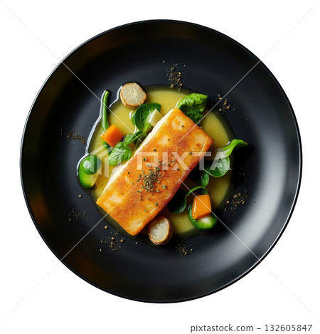 Appetizing pan seared fish fillet gourmet dish with vegetable and yellow lemongrass coconut broth on black plate Appetizing pan seared fish fillet gourmet dish with vegetable and yellow lemongrass coconut broth on black plate 132605847