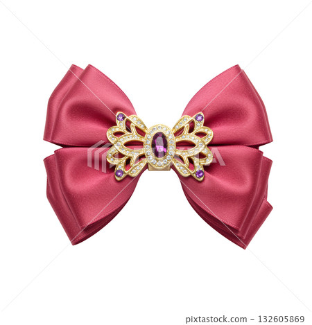 Elegant pink satin hair bow with luxurious gold jewelry ornament. charming and beautiful fashion accessory for hair Elegant pink satin hair bow with luxurious gold jewelry ornament. charming and beautiful fashion accessory for hair 132605869