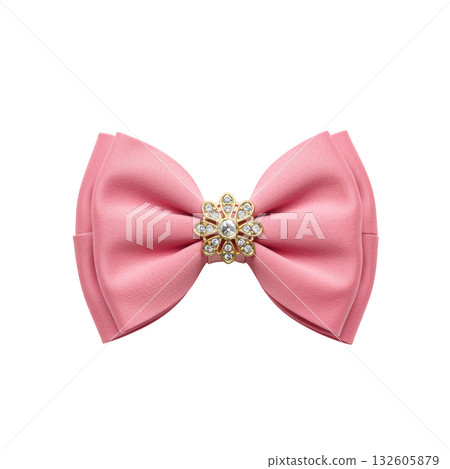 Elegant pink hair bow, fashion accessory with gold flower jewel ornament. cute satin ribbon on transparency background 132605879