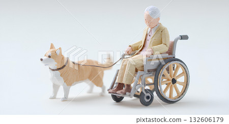 Elderly people in wheelchairs and service dogs / Gentle bonds and mutual support (Mamio Design Welfare Series) 132606179