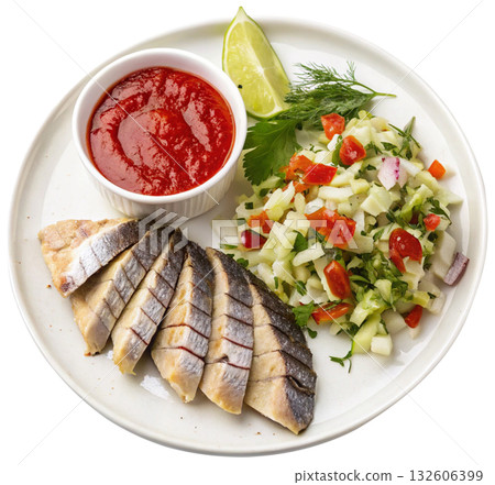 smoked mackerel slices with chopped salad smoked mackerel slices with chopped salad 132606399