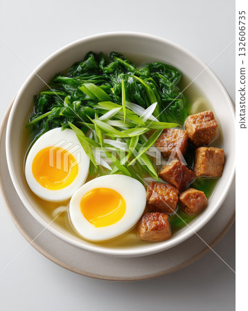 Delicious bowl of ramen with soft boiled eggs and fresh greens ready to enjoy at meal time Delicious bowl of ramen with soft boiled eggs and fresh greens ready to enjoy at meal time 132606735