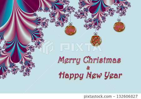 Merry Christmas and Happy New year with fractal embellishment, winter card concept Merry Christmas and Happy New year with fractal embellishment, winter card concept 132606827