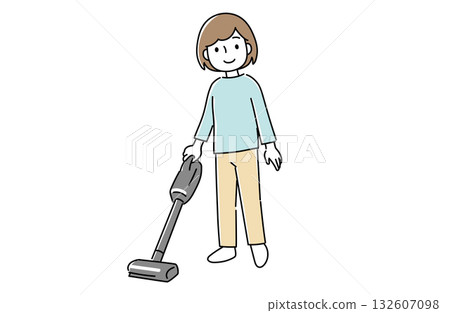 A woman using a stick vacuum cleaner 132607098