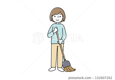 A woman cleaning with a long broom 132607262