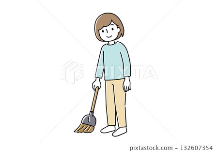 一名女子正在掃地 132607354