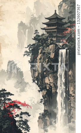 Chinese Temple beside Cliff with Waterfall Chinese Temple beside Cliff with Waterfall 132607367
