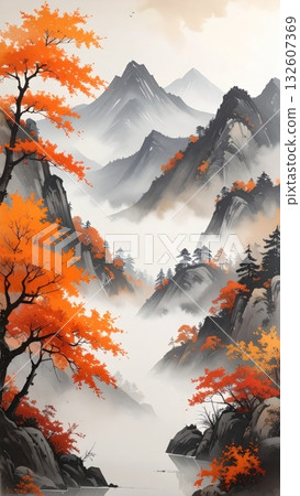 Mountain Landscape with Orange Trees in Chinese Ink Painting Mountain Landscape with Orange Trees in Chinese Ink Painting 132607369