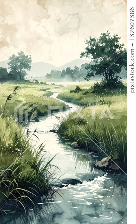 Clear Stream Flowing through Meadow Clear Stream Flowing through Meadow 132607386