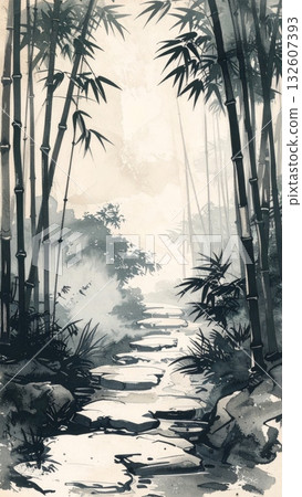 Stone Path through Bamboo Forest 132607393