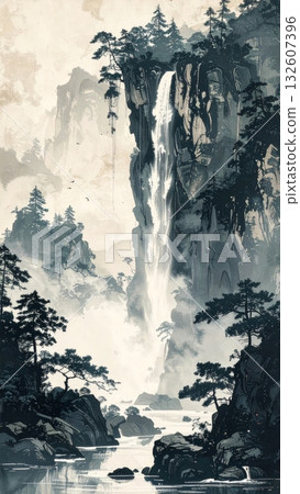 Waterfall Flowing from High Cliff in Deep Forest Waterfall Flowing from High Cliff in Deep Forest 132607396