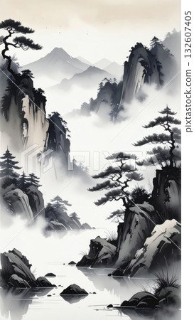 Mountain Landscape with River and Mist in Chinese Ink Painting 132607405