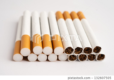 Cigarette, roll tobacco in paper with filter tube, No smoking. Cigarette, roll tobacco in paper with filter tube, No smoking. 132607505