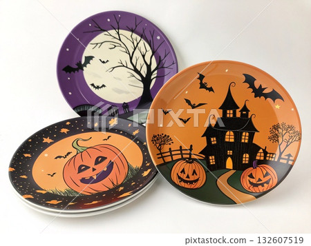 Halloween Plates with Pumpkins Bats Moon and Haunted House 132607519