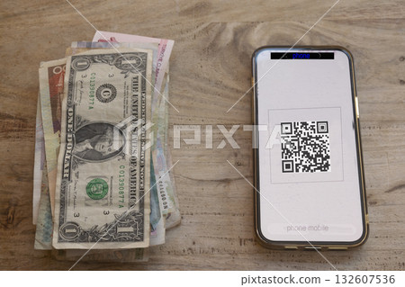 digital payment and fintech: qr code on phone near cash money 132607536