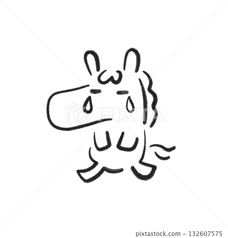 Sad and crying horse, sad, New Year's material, ink painting, monochrome 132607575