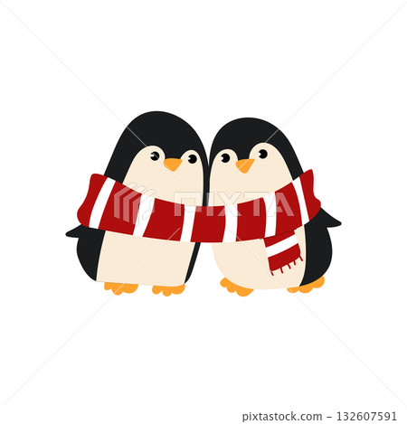 A cute winter illustration with two penguins wrapped in a red scarf A cute winter illustration with two penguins wrapped in a red scarf 132607591