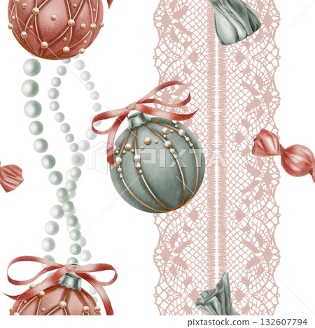 Christmas seamless pattern with vertical waves of pearl beads,ribbon openwork lace,Christmas tree balls in velvet with ribbons bows,caramel and chocolate candies.Hand drawn watercolor illustrations Christmas seamless pattern with vertical waves of pearl beads,ribbon openwork lace,Christmas tree balls in velvet with ribbons bows,caramel and chocolate candies.Hand drawn watercolor illustrations 132607794