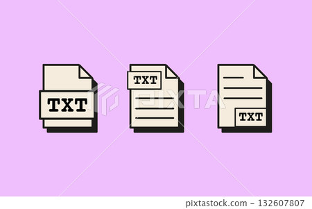 Set of retro style TXT file icons of plain text document formats with labels and minimal interface design. Flat Style Vector Illustration Isolated on background. 132607807