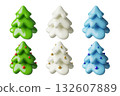 3d Christmas trees green snowy white and blue pines collection with and without holiday decorations 132607889