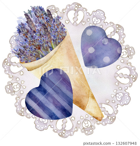 Romantic lavender bouquet in rustic cone of natural kraft paper, round paper doily with lace trim, striped and dotted hearts. Isolated illustration hand drawn in watercolor. Valentine card decor. Romantic lavender bouquet in rustic cone of natural kraft paper, round paper doily with lace trim, striped and dotted hearts. Isolated illustration hand drawn in watercolor. Valentine card decor. 132607948